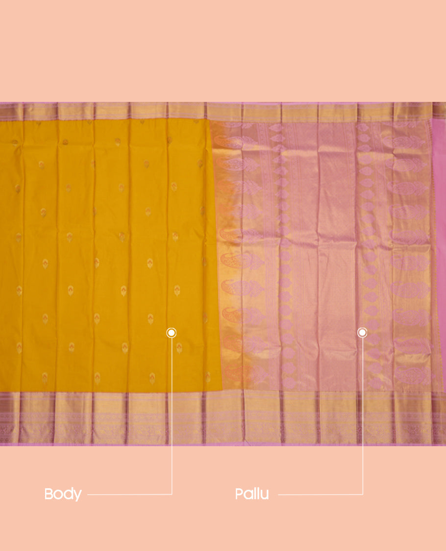 Yellow Budget Silk Saree, Subtly Sparkled with Zari Buttas, Complemented by Contrast Traditional Zari Border, a Grand Pallu and a Contrast Blouse