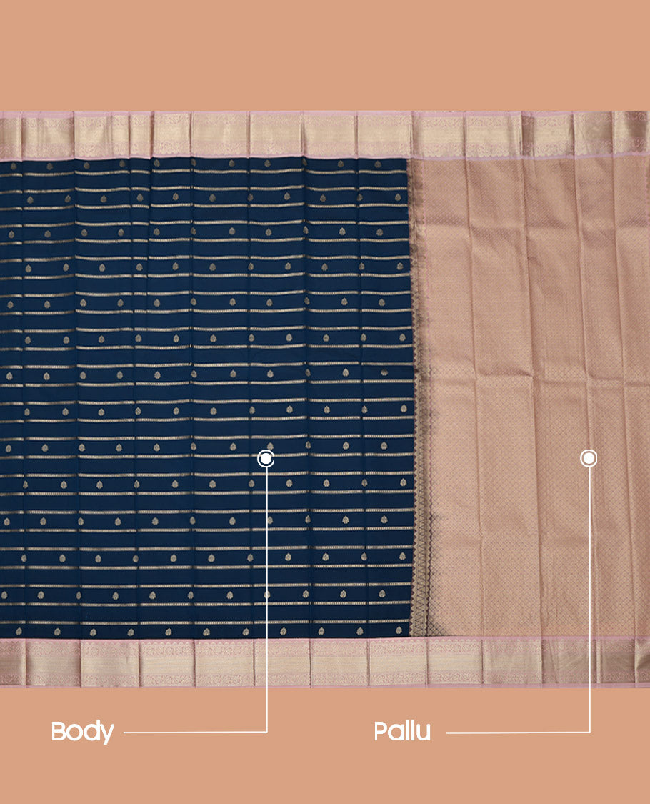 Blue Budget Silk Saree, Embellished with Zari Buttas and Stripes on Its Body, Complemented by a Contrast Traditional Zari Design Rettai Pettu Border, Subtly Sparkled Pallu, and Paired with a Contrast Blouse