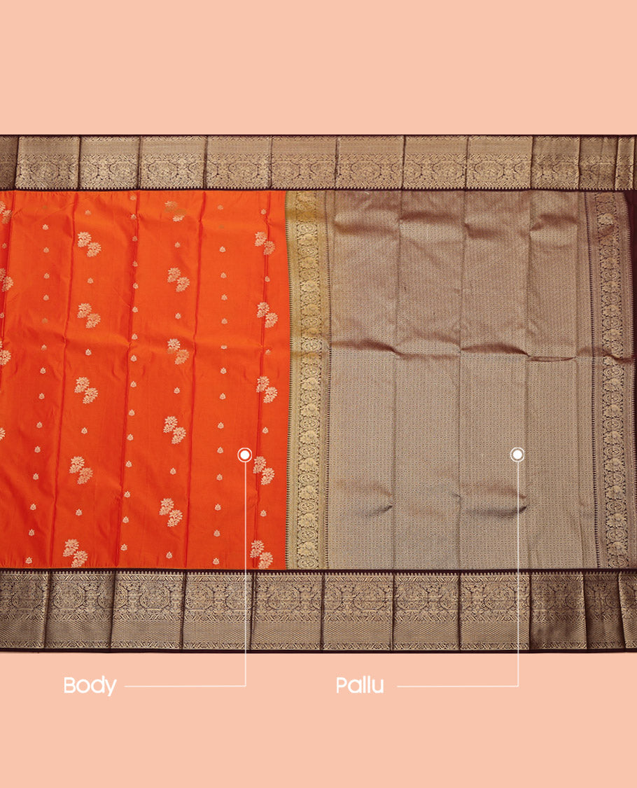 Orange Budget Silk Saree, Embellished with Zari Buttas, Complemented by Contrast Traditional Zari Border, Jaal Pallu and a Contrast Blouse