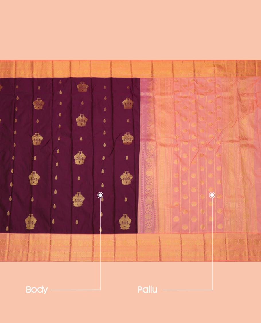 Wine Budget Silk Saree, Crafted with Zari Buttas, a Contrast Traditional Zari Border, an Intricate Pallu and a Contrast Blouse