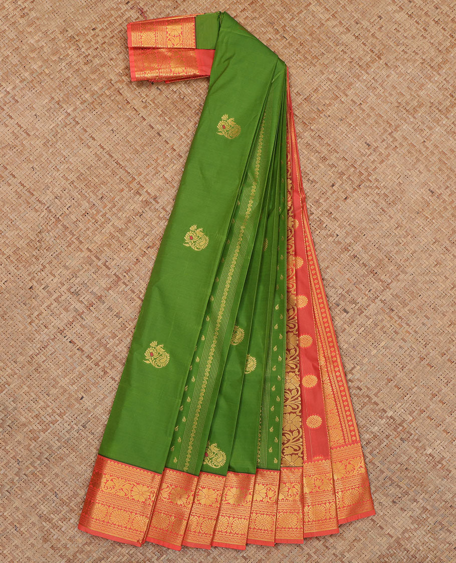 Green Budget Silk Saree Features Zari Buttas, Complemented by Contrast Traditional Zari Border, a Grand Pallu and a Contrast Blouse