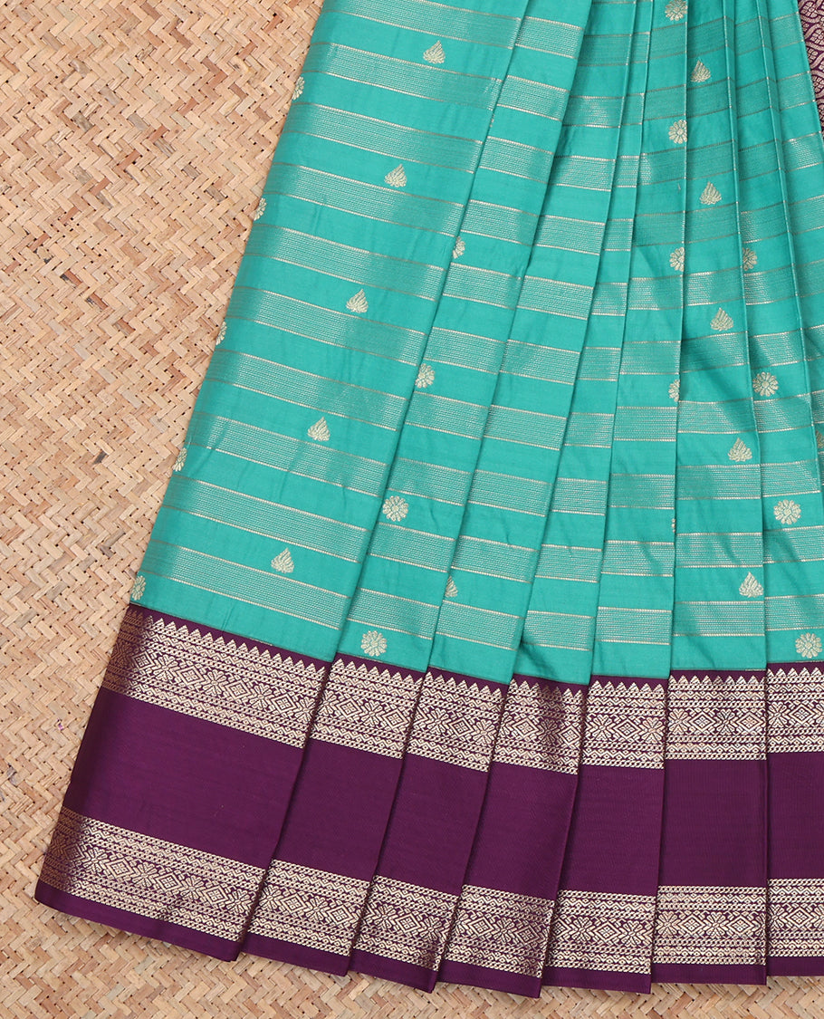 Blue Budget Silk Saree, Woven with Zari Buttas and Stripes, a Contrast Traditional Zari Rettai Pettu Border, Grand Pallu, and a Contrast Blouse