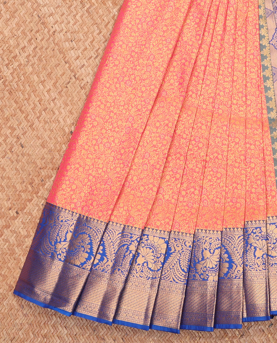 Peach Budget Silk Saree, Embellished with Jacquard Design, Complemented by a Contrast Traditional Zari Border, Grand Pallu, and Contrast Blouse
