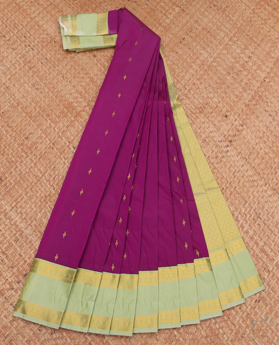 Purple Budget Silk Saree, Woven with Zari Buttas, Complemented by a Contrast Traditional Zari Rettai Pettu Border, Grand Pallu, and Contrast Blouse