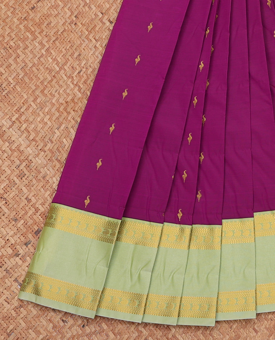 Purple Budget Silk Saree, Woven with Zari Buttas, Complemented by a Contrast Traditional Zari Rettai Pettu Border, Grand Pallu, and Contrast Blouse