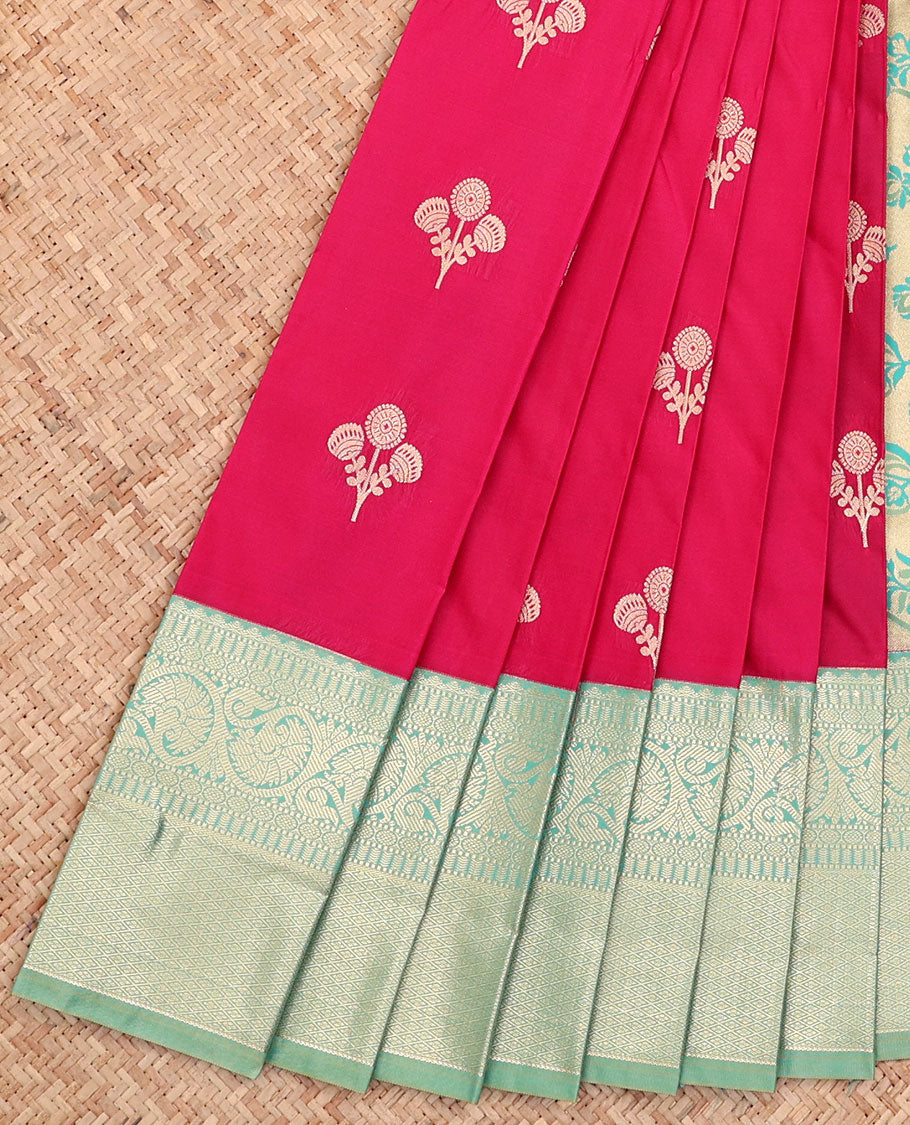 Red Budget Silk Saree, Beautified with Floral Buttas All Over Its Body, Complemented by a Contrast Traditional Zari Design Border, Pallu Steeped with Floral Designs, and Paired with a Contrast Blouse