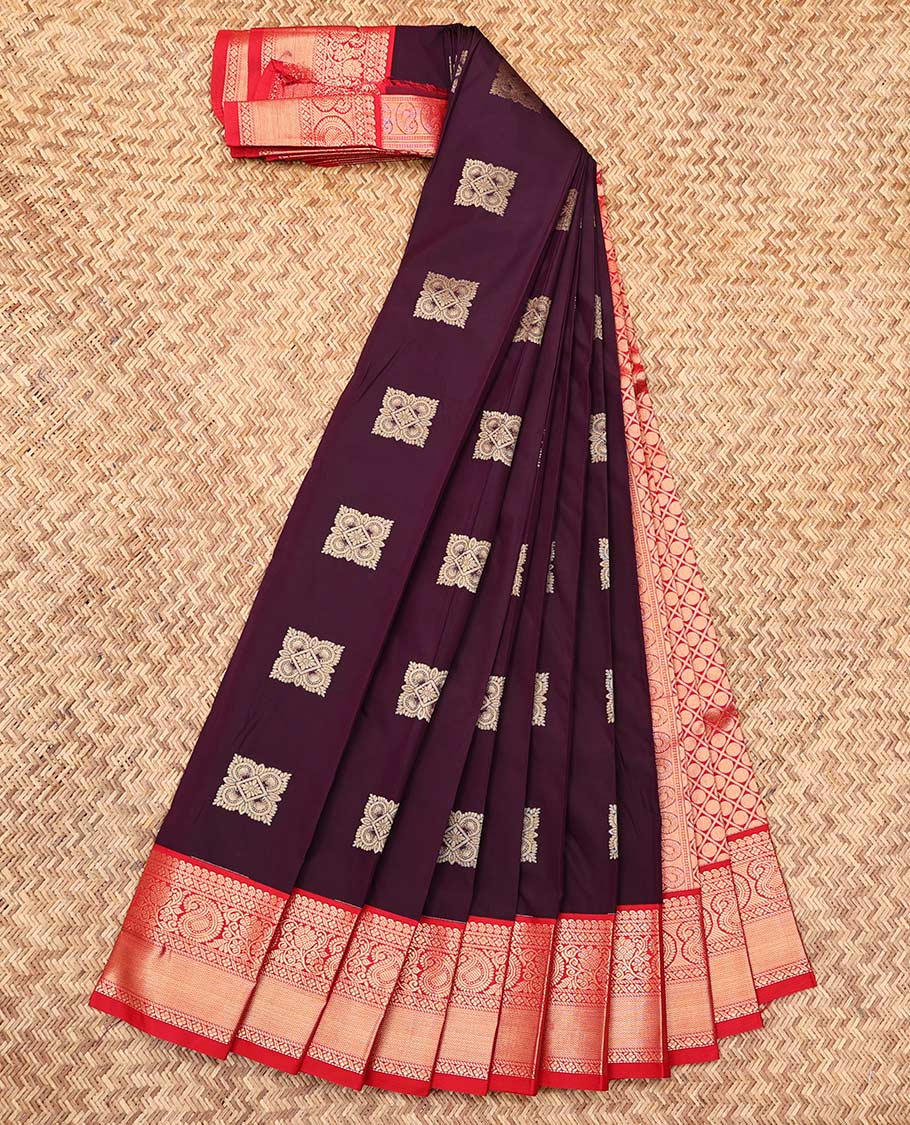 Brown Budget Silk Saree, Woven with Zari Buttas, a Contrast Traditional Zari Design Border, Grand Pallu, and a Contrast Blouse