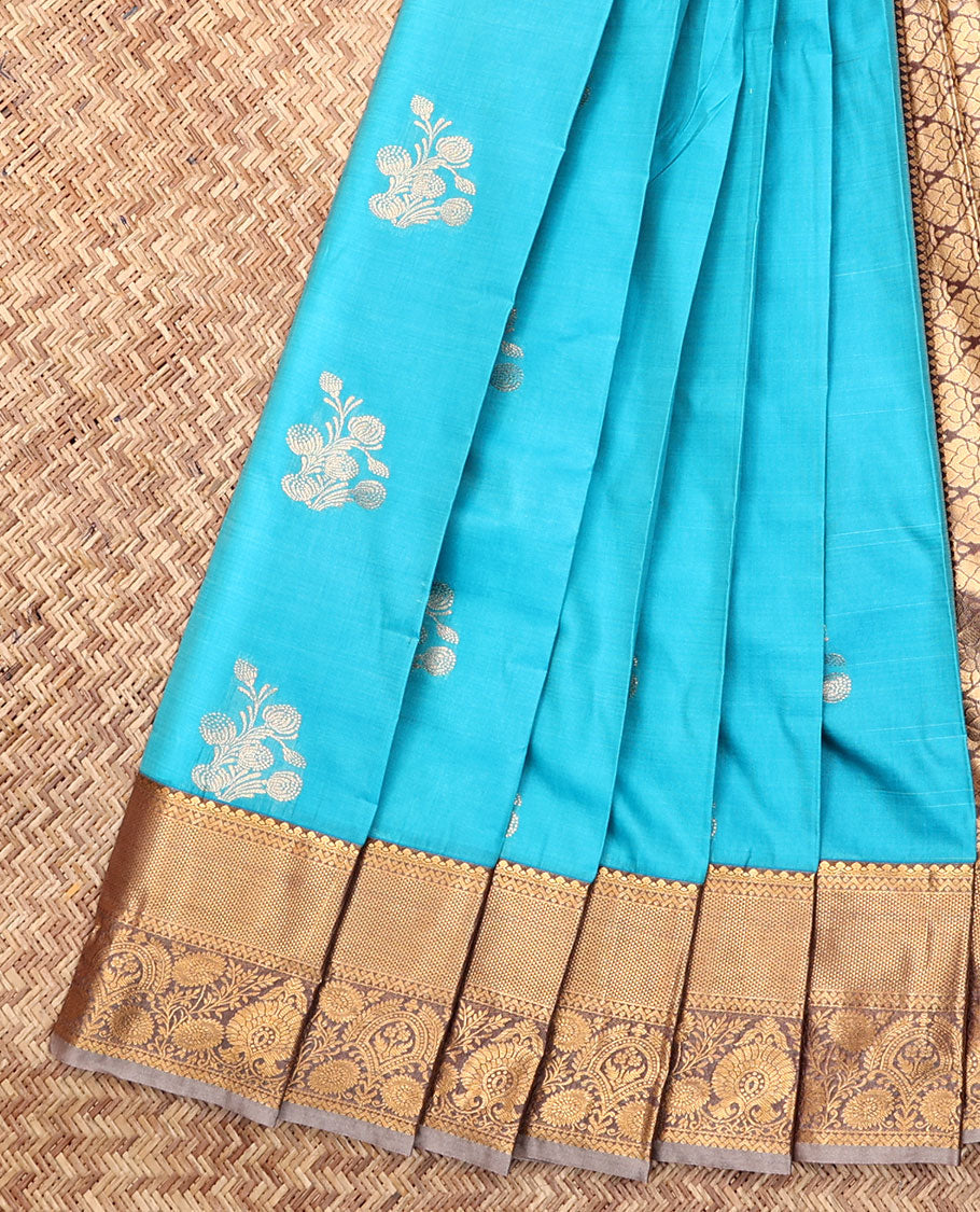 Blue Budget Silk Saree, Dazzled with Zari Buttas, Complemented by Contrast Traditional Zari Border, a Grand Pallu and a Contrast Blouse