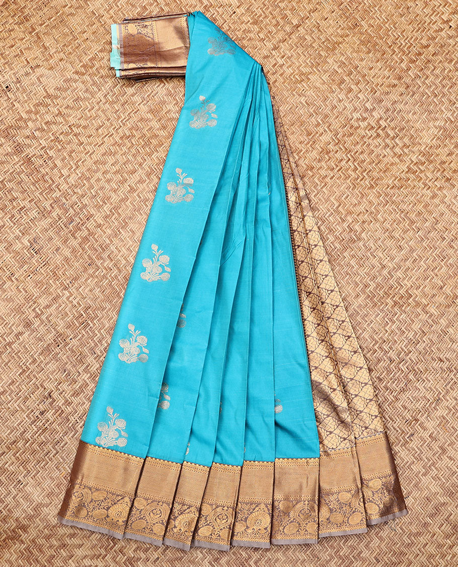 Blue Budget Silk Saree, Dazzled with Zari Buttas, Complemented by Contrast Traditional Zari Border, a Grand Pallu and a Contrast Blouse