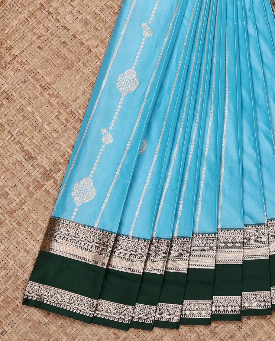 Sky Blue Budget Silk Saree, Beautified with Zari Designs All Over Its Body, Complemented by a Contrast Traditional Zari Design Rettai Pettu Border, Intricate Pallu, and Paired with a Contrast Blouse