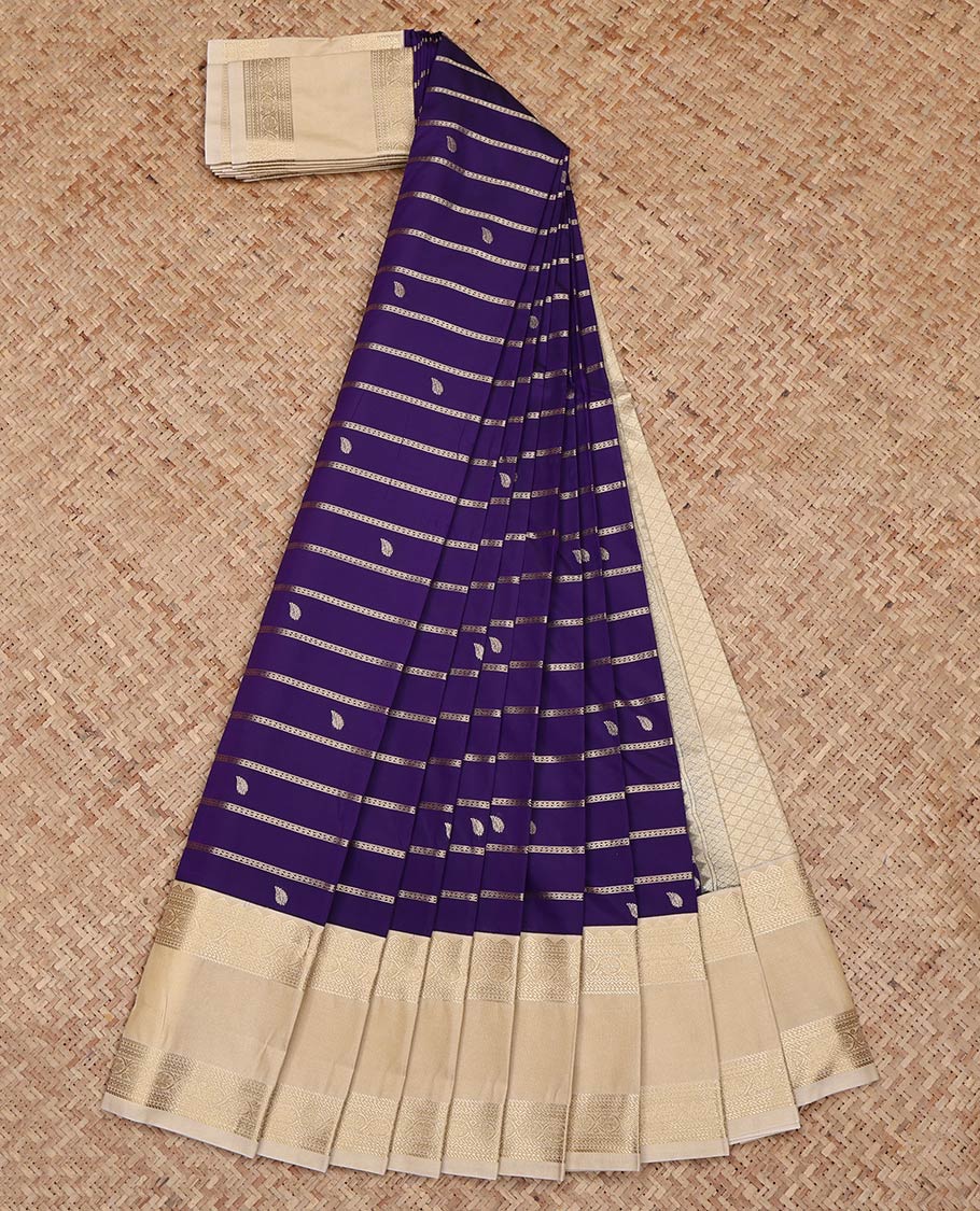Violet Budget Silk Saree, Finely Crafted with Zari Buttas and Zari Stripes on Its Body, Complemented by a Contrast Traditional Zari Design Rettai Pettu Border, Jaal Pallu, and Paired with a Contrast Blouse