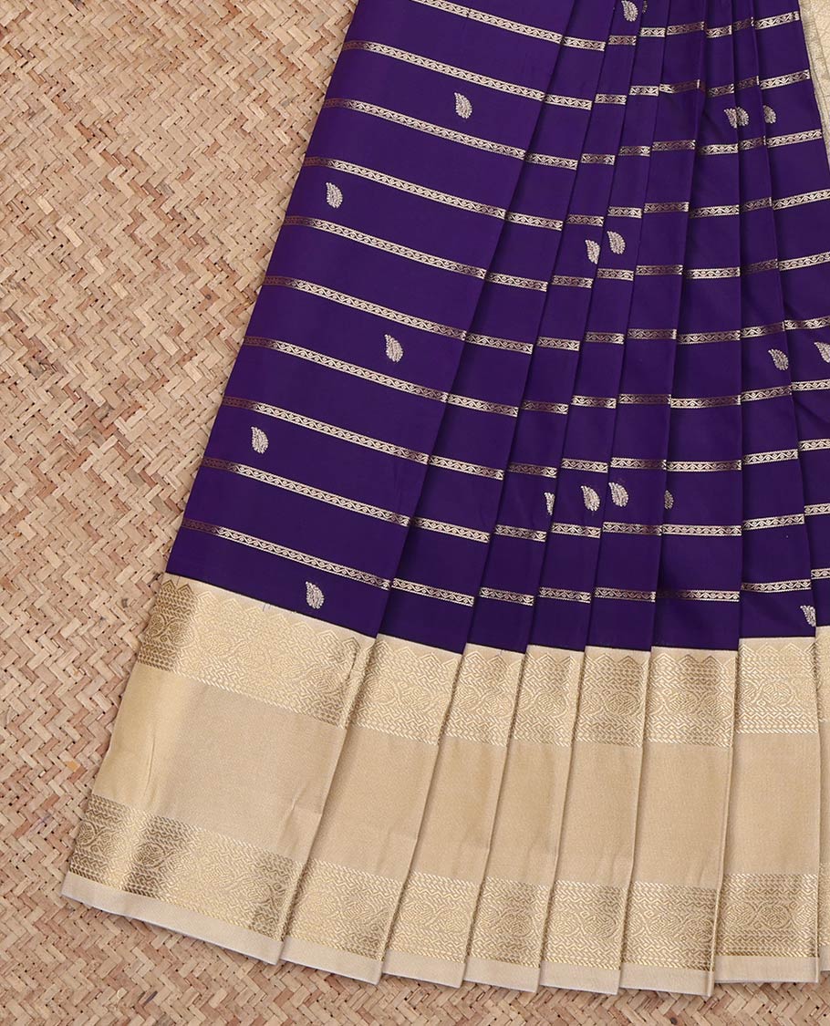 Violet Budget Silk Saree, Finely Crafted with Zari Buttas and Zari Stripes on Its Body, Complemented by a Contrast Traditional Zari Design Rettai Pettu Border, Jaal Pallu, and Paired with a Contrast Blouse