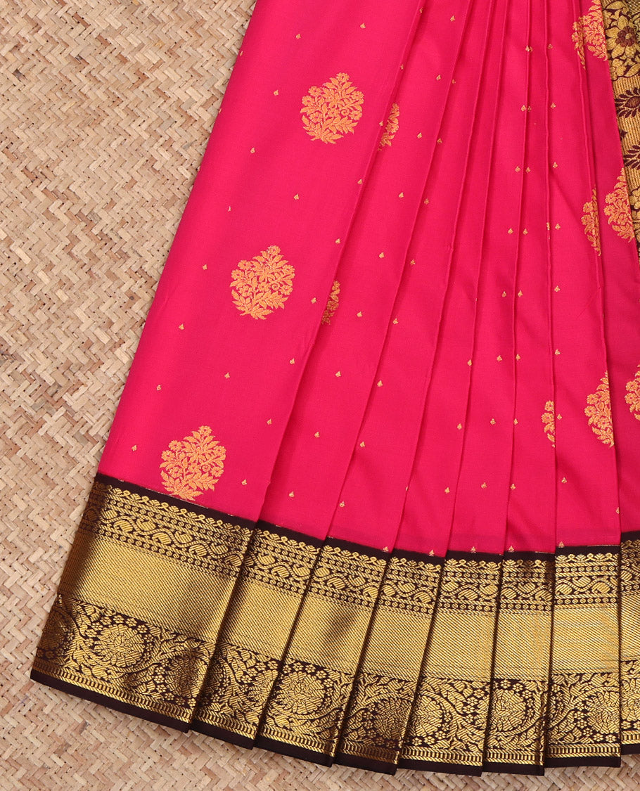 Pink Budget Silk Saree, Prettified with Zari Buttas on Its Body, Complemented by a Contrast Traditional Zari Design Border, Intricately Designed Pallu, and Paired with a Contrast Blouse