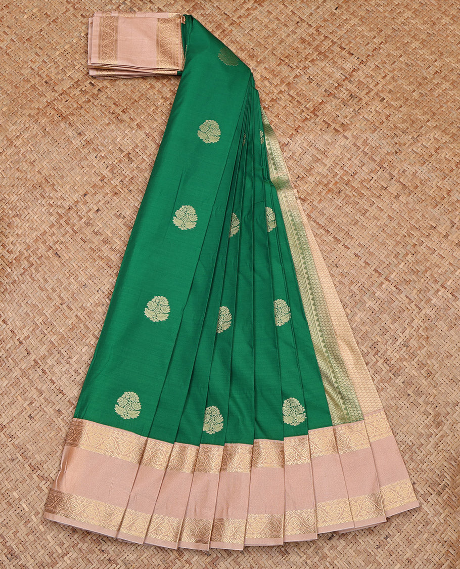 Green Budget Silk Saree, Ornamented with Zari Buttas, Complemented by Contrast Traditional Rettai Pettu Border, Jaal Pallu and a Contrast Blouse