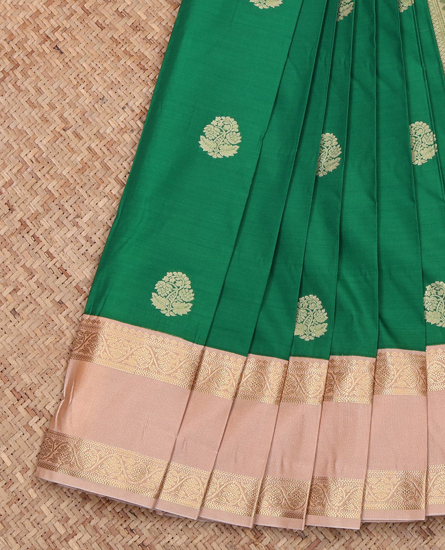 Green Budget Silk Saree, Ornamented with Zari Buttas, Complemented by Contrast Traditional Rettai Pettu Border, Jaal Pallu and a Contrast Blouse
