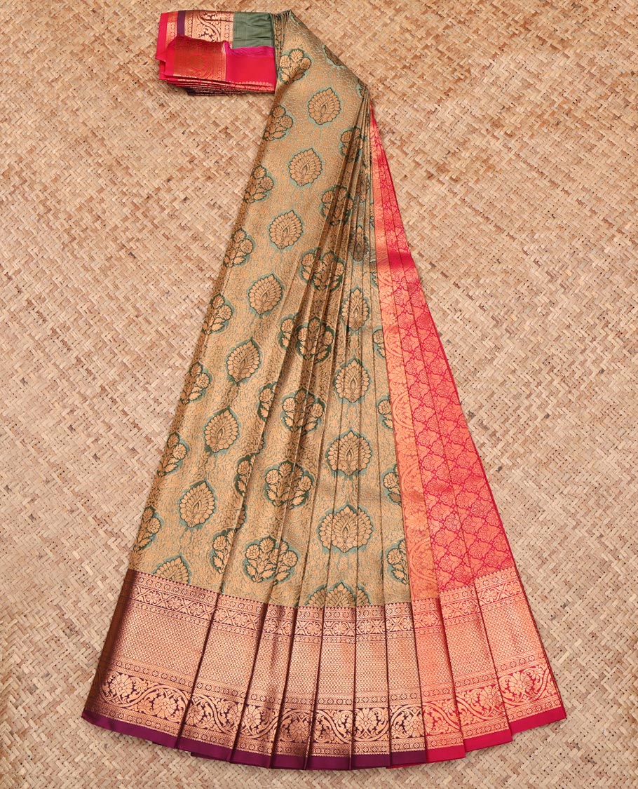 Green Budget Silk Saree, Embellished with Jacquard Design, Complemented by a Contrast Traditional Zari Border, Grand Pallu, and Contrast Blouse