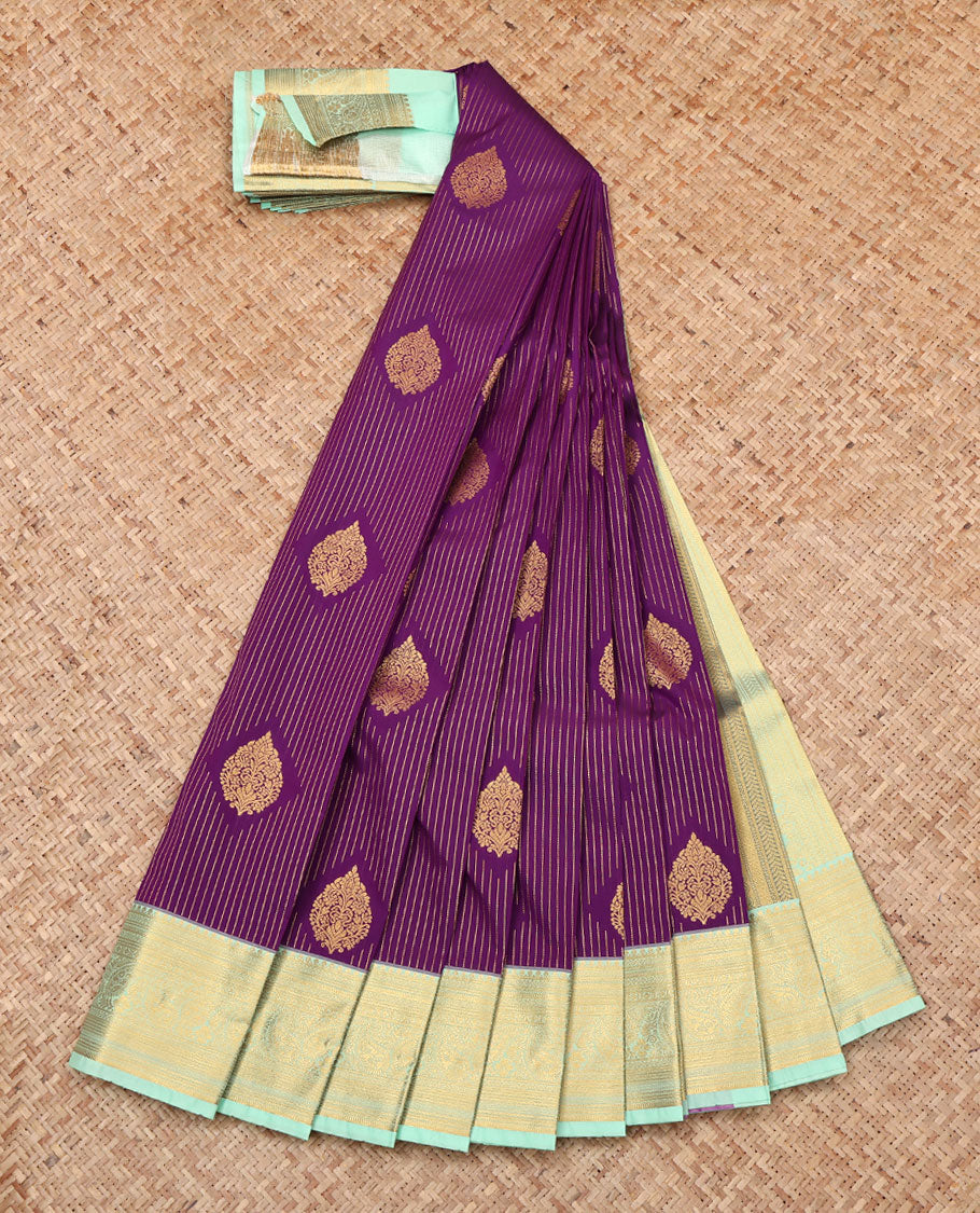 Purple Budget Silk Saree, Embellished with Zari Buttas and Stripes, Complemented by a Contrast Traditional Zari Border, Grand Pallu, and Contrast Blouse
