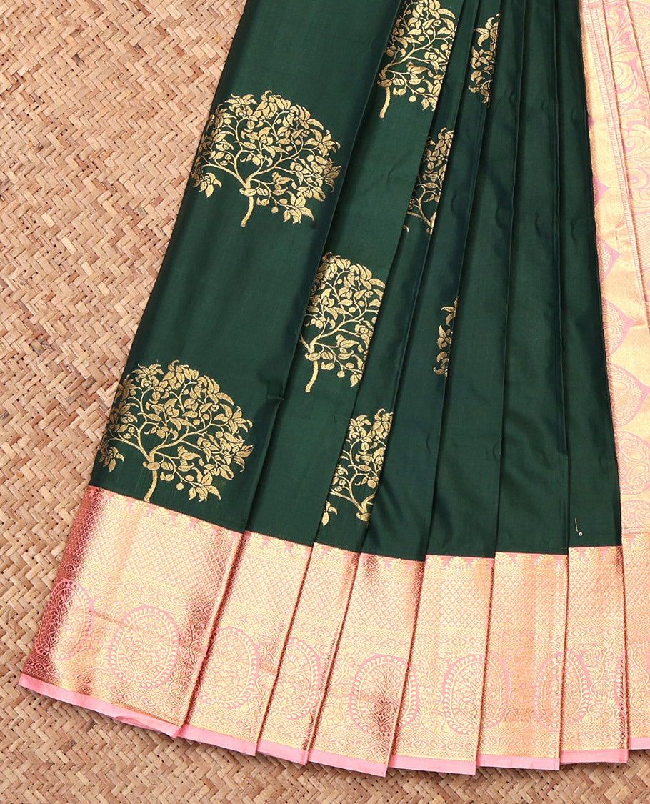 Bottle Green Budget Silk Saree, Delicately Woven with Tree Zari Buttas, Complemented by a Contrast Traditional Border, Grand Pallu, and a Contrast Blouse