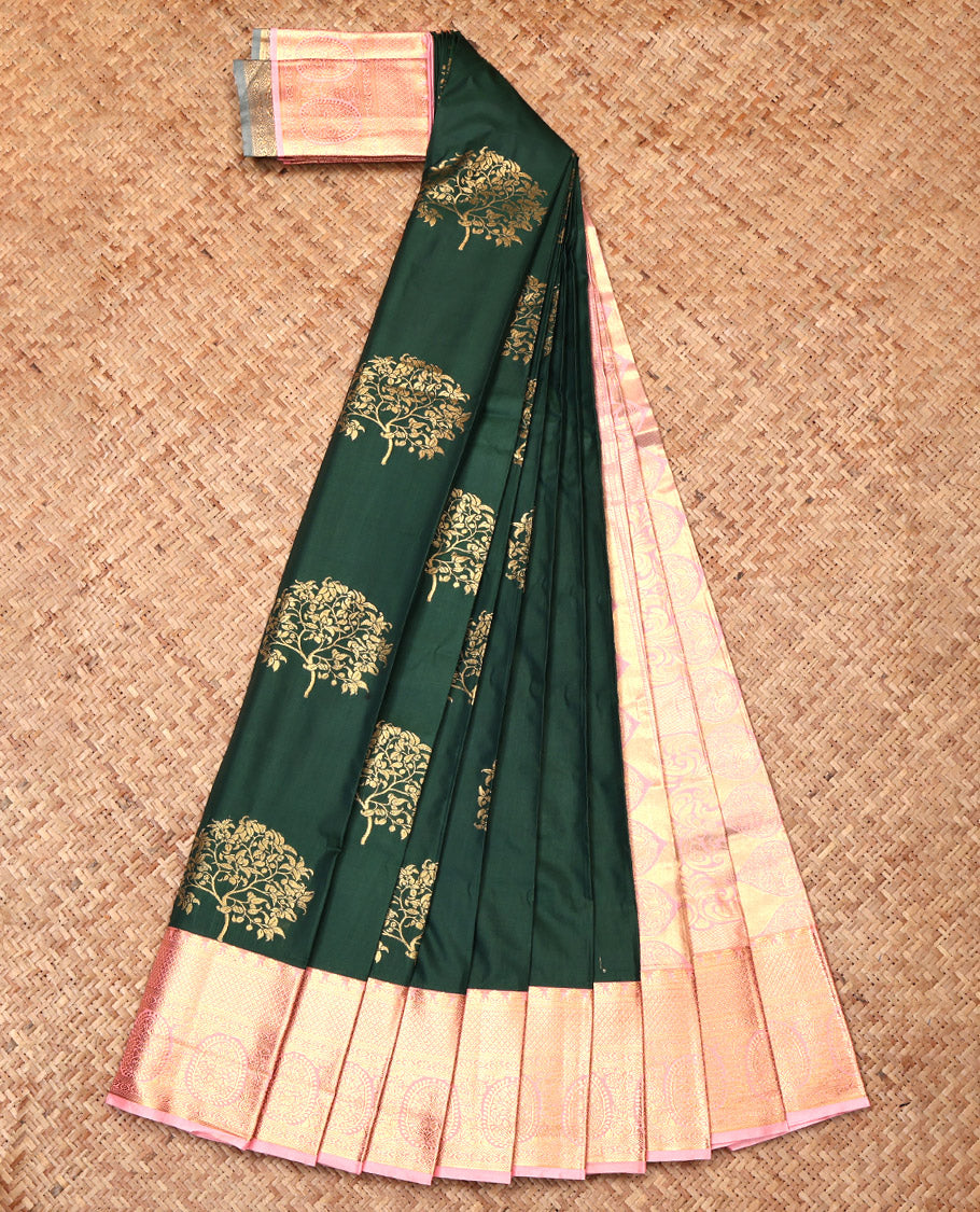 Bottle Green Budget Silk Saree, Delicately Woven with Tree Zari Buttas, Complemented by a Contrast Traditional Border, Grand Pallu, and a Contrast Blouse