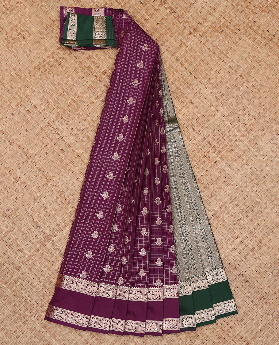 Purple Budget Silk Saree, Detailed with Zari Buttas and Checks, Highlighted by Traditional Zari Rettai Pettu Border, Contrast Grand Pallu, and a Contrast Blouse