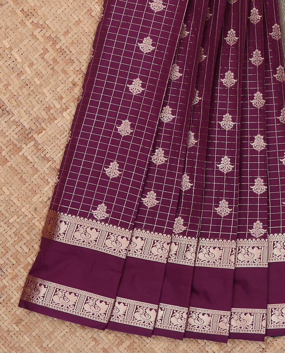 Purple Budget Silk Saree, Detailed with Zari Buttas and Checks, Highlighted by Traditional Zari Rettai Pettu Border, Contrast Grand Pallu, and a Contrast Blouse