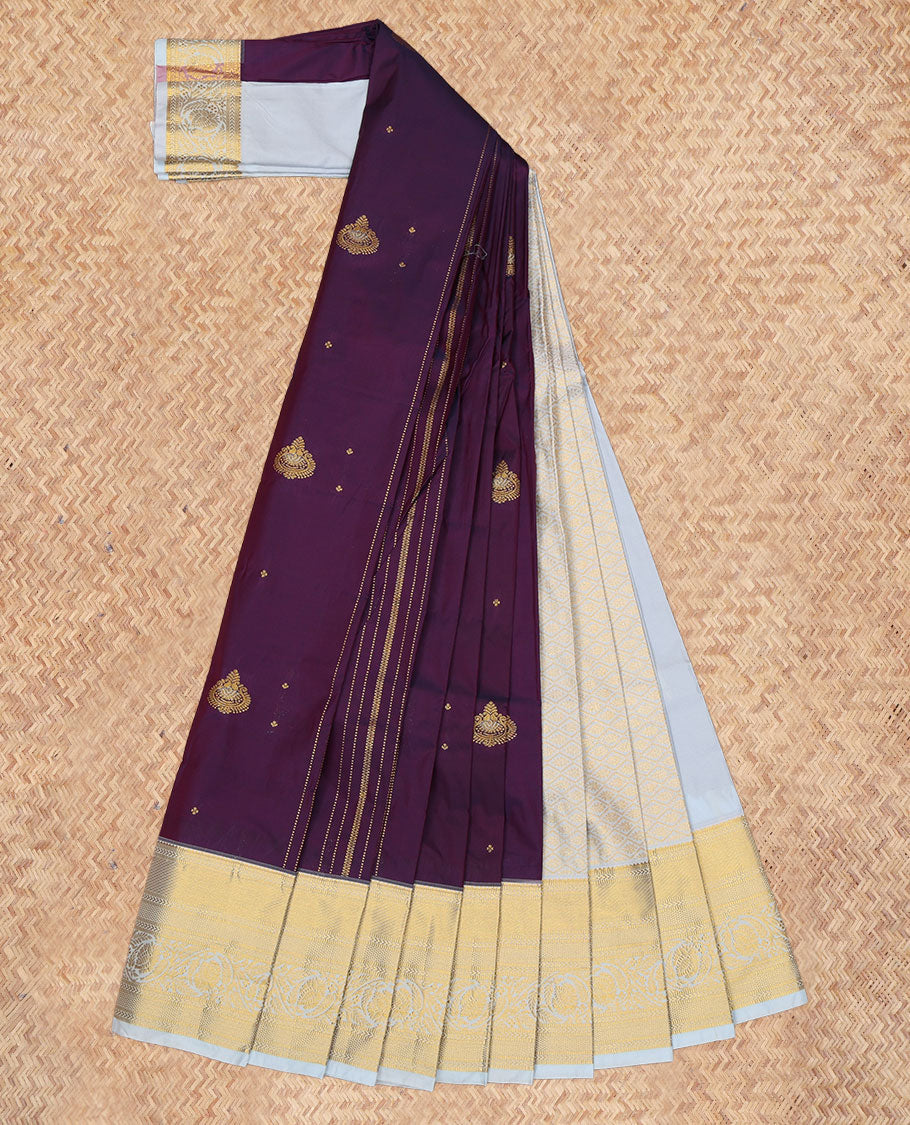 Purple Budget Silk Saree, Elevated with Zari Buttas and Stripes, a Contrast Traditional Zari Border, Grand Pallu, and a Contrast Blouse
