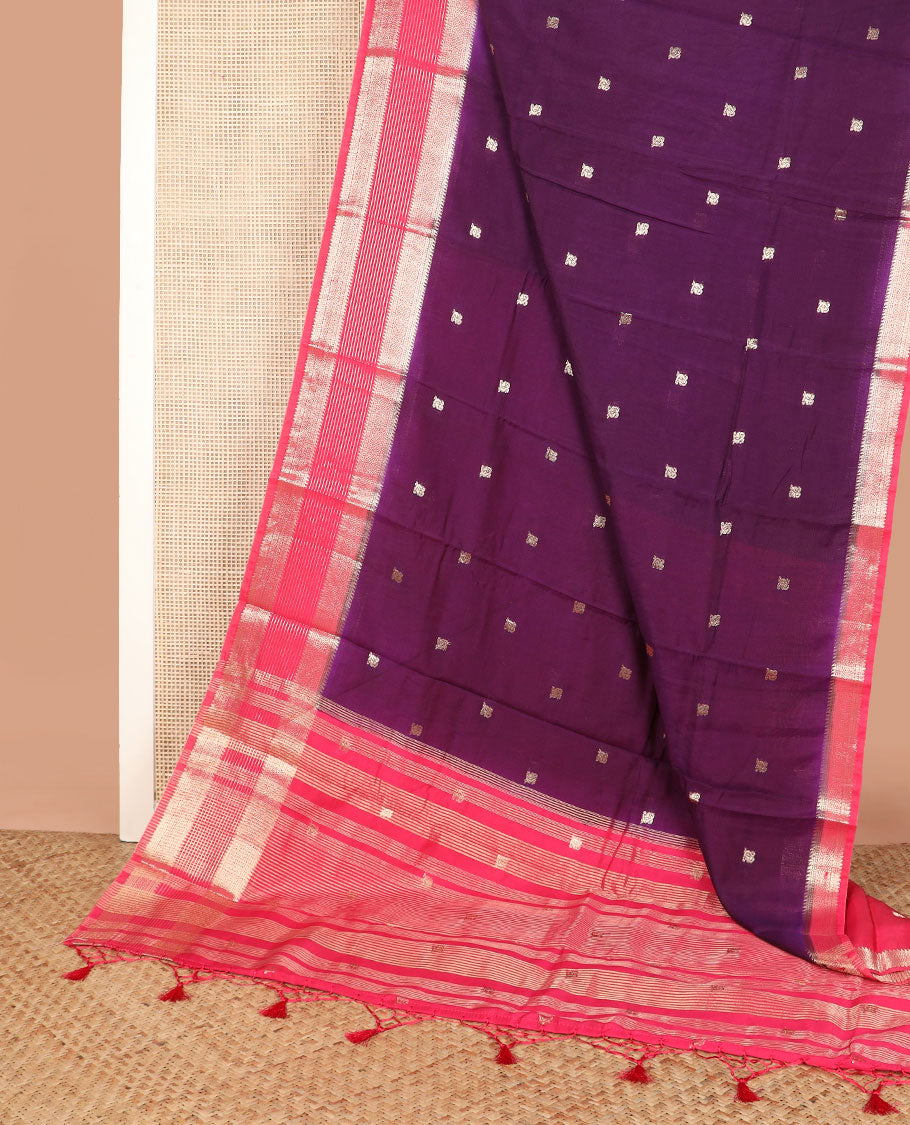 Purple peacock buttas assam silk saree, contrast traditional zari border, and pallu of zari design