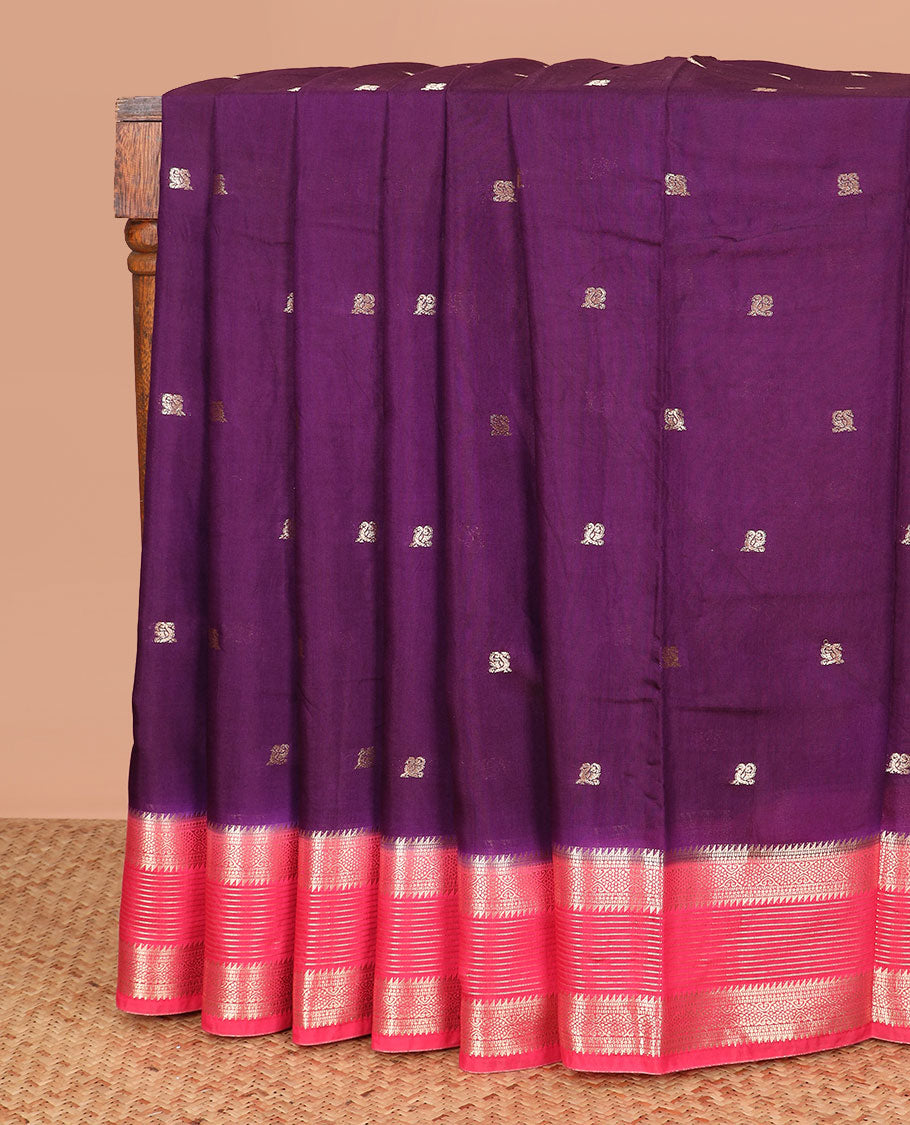 Purple peacock buttas assam silk saree, contrast traditional zari border, and pallu of zari design