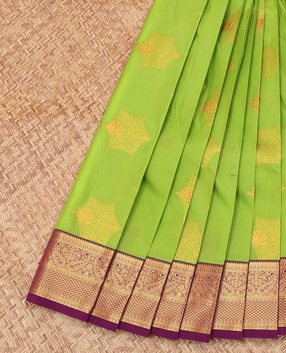 Leaf Green Budget Silk Saree, Bedecked with Zari Buttas, Complemented by Contrast Traditional Zari Border, a Grand Pallu and a Contrast Blouse
