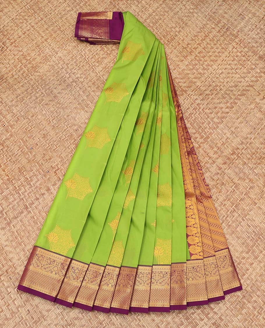 Leaf Green Budget Silk Saree, Bedecked with Zari Buttas, Complemented by Contrast Traditional Zari Border, a Grand Pallu and a Contrast Blouse