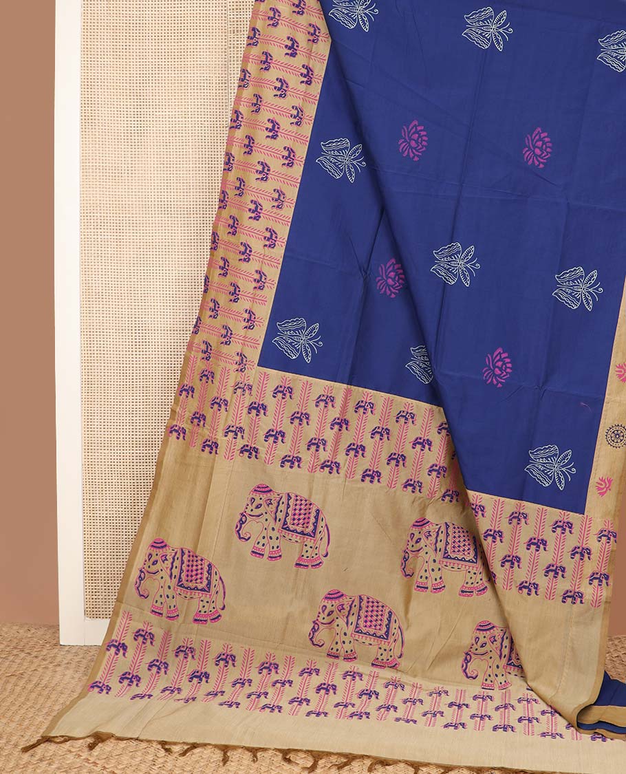 Blue unique printed poly cotton saree, contrast elephant print border, and pallu steeped with elephant motifs