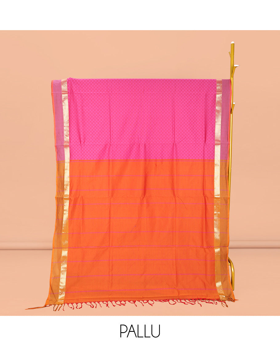 Candy Pink Checked Poly Cotton Saree, Complemented by a Contrast Zari Border, Contrast Striped Pallu, and Paired with a Contrast Blouse