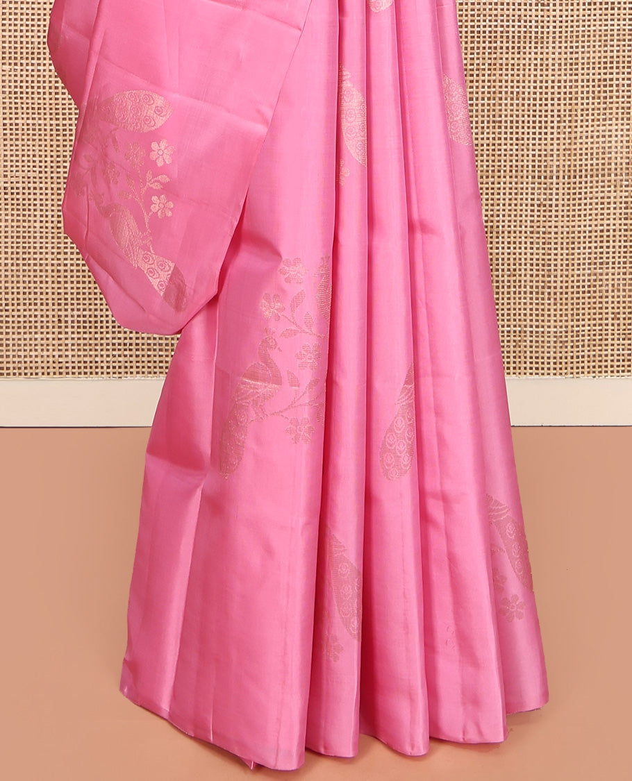 Borderless Pink Mayuri Lite Silk Mix Saree, Masterfully Woven with Zari Buttas All Over Its Body, Highlighted by Self-Pallu of Vanki Designs, and Paired with a Matching Blouse