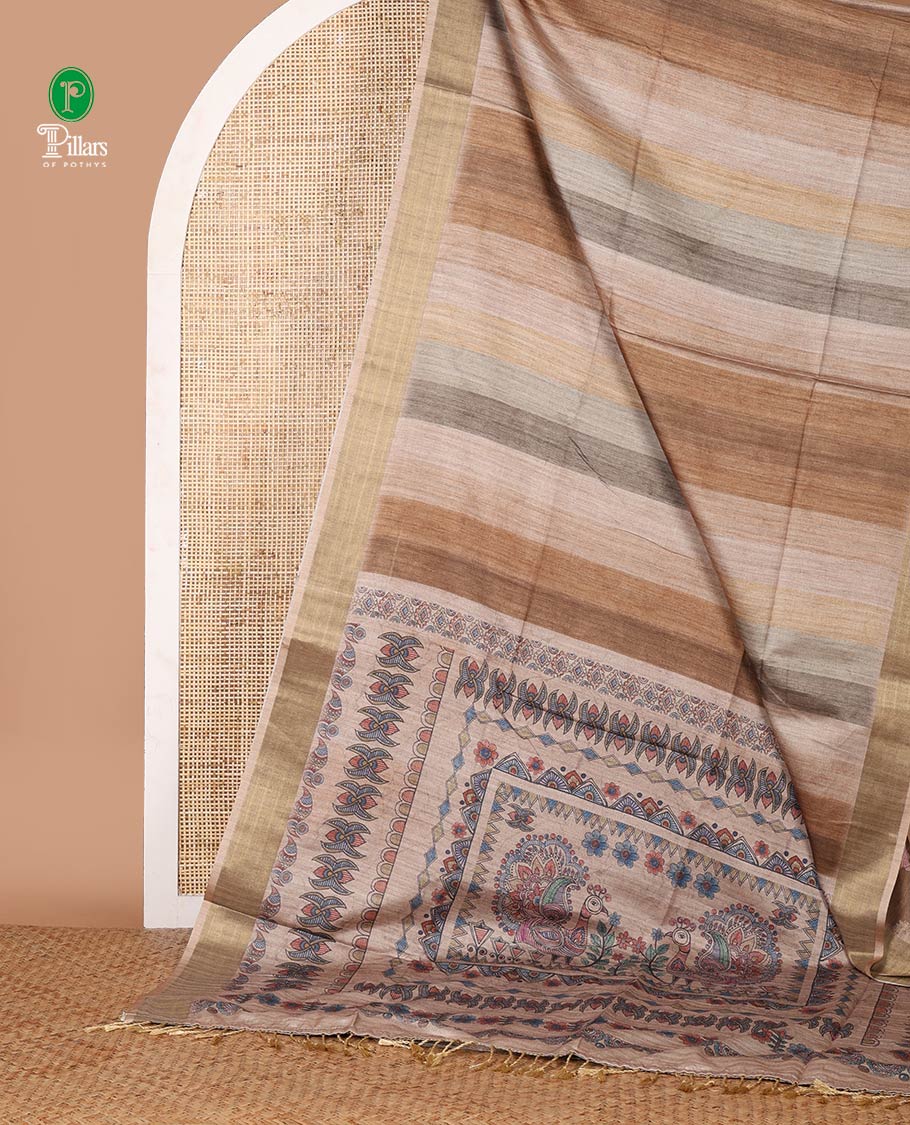 Brown hand-brush-dye theme printed semi-tusser silksaree,bavanji zari border,Madhubani printed pallu & floral print blouse