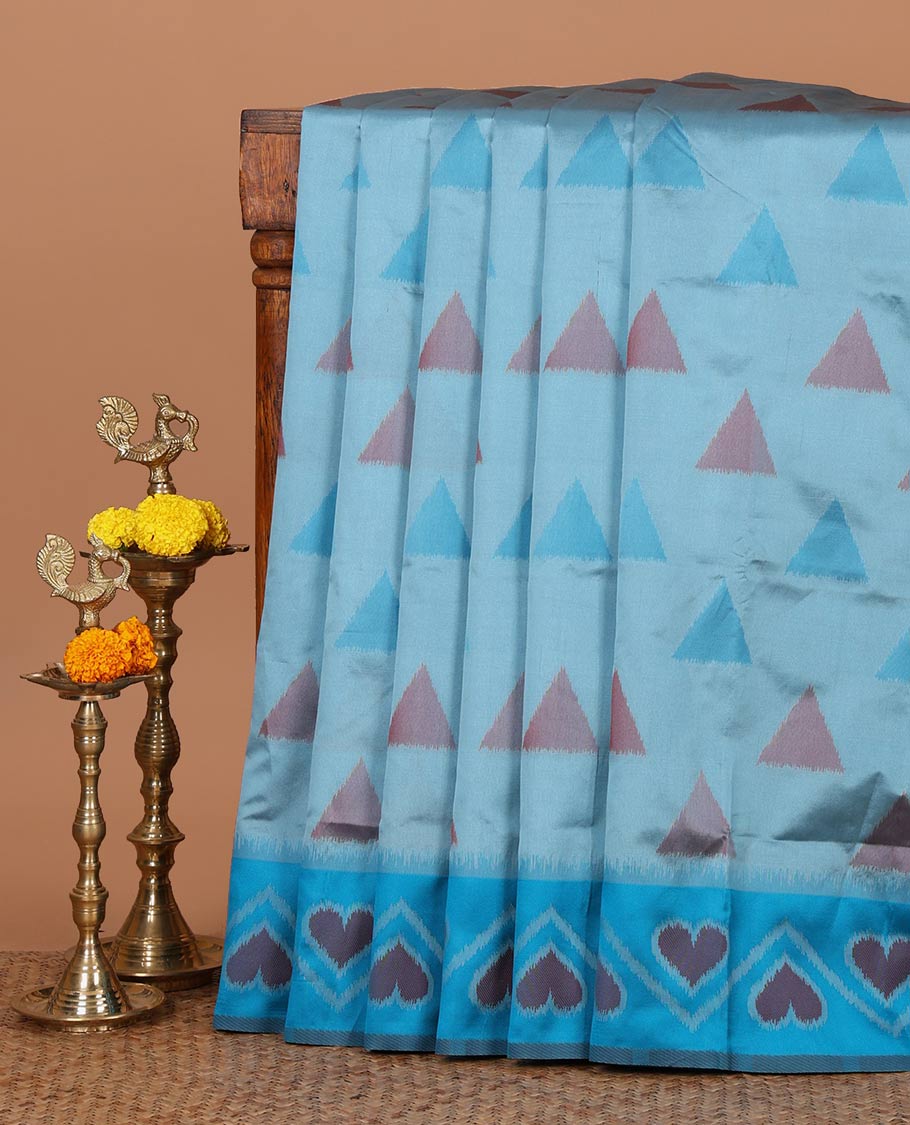 Blue pochampally triangle motifs mulberry silksaree,contrast pochampally design satin thread weave border & zari-rich intricate pallu