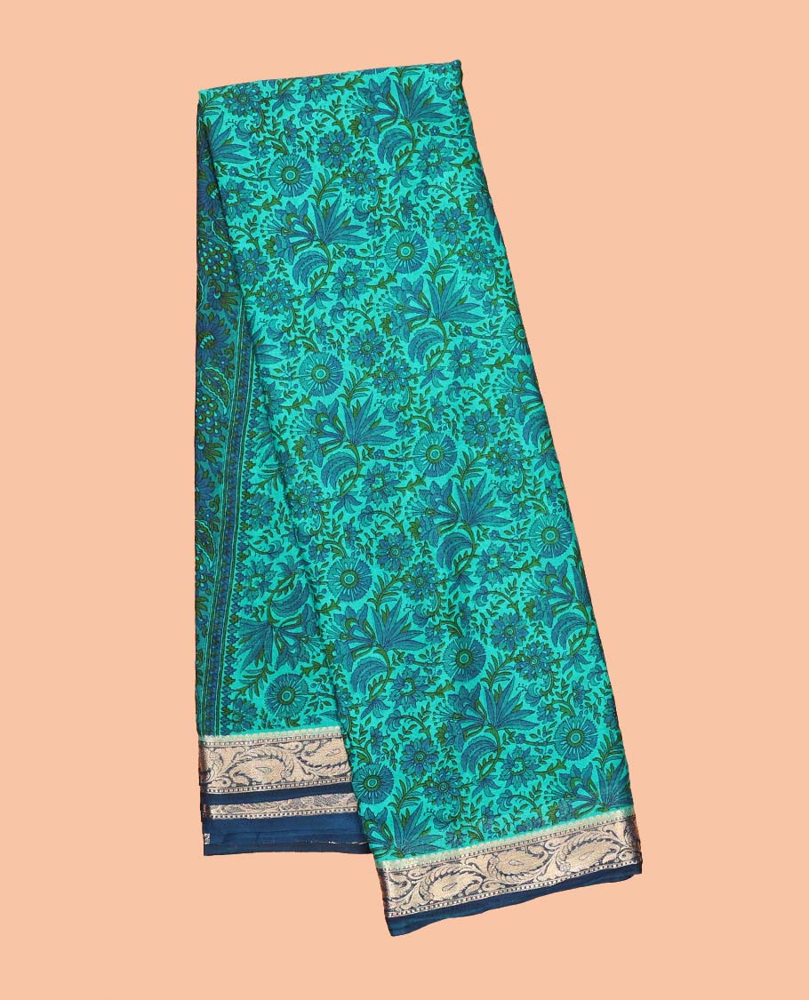 Blue paisley vine semi-banaras printed saree, contrast paisleys border & intricate pallu