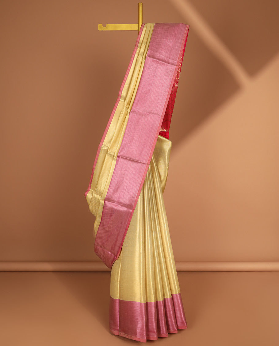 Sandal striped semi tissue saree with contrast border & floral design pallu