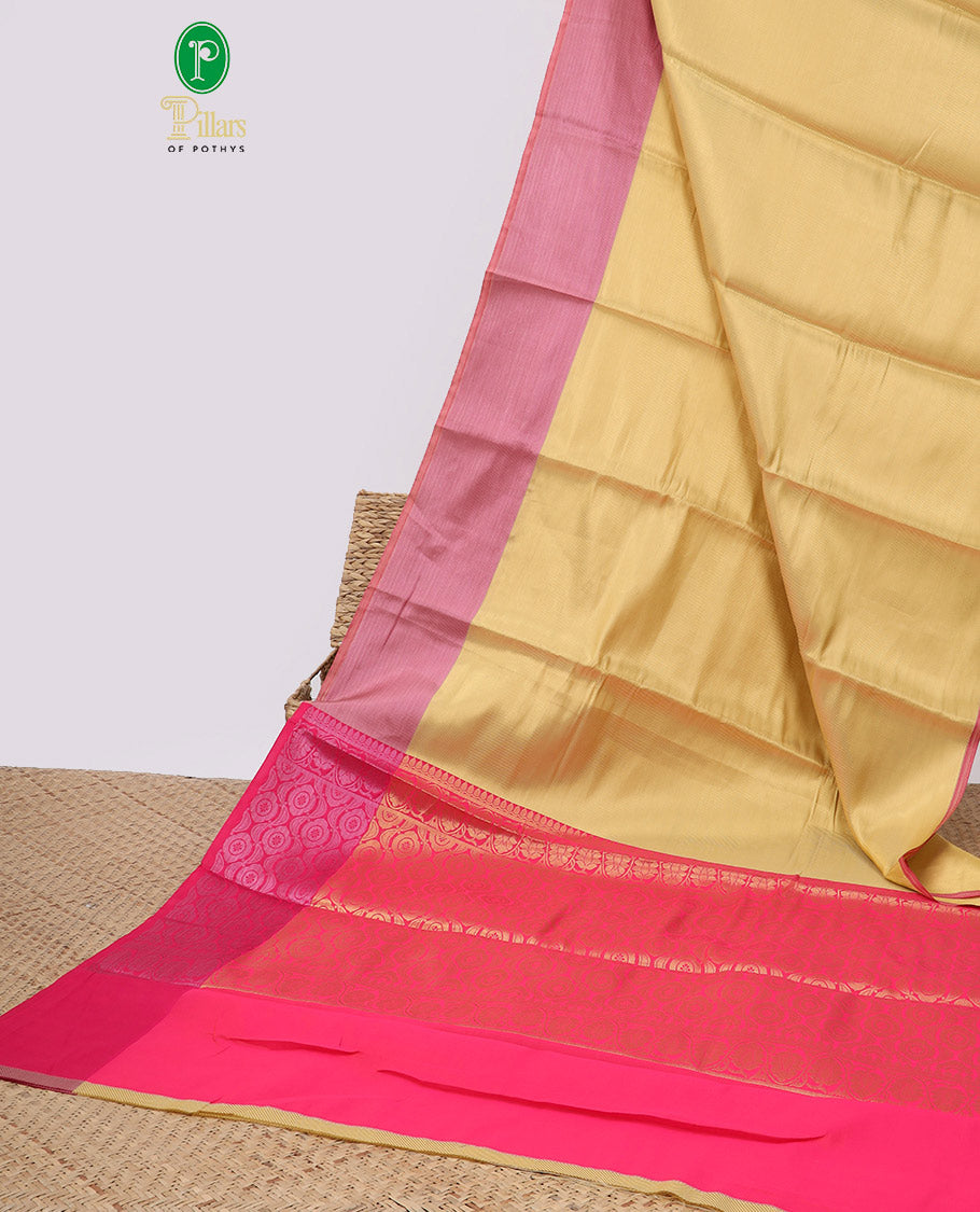 Sandal striped semi tissue saree with contrast border & floral design pallu