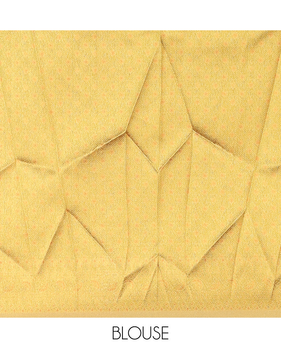 Peach art silk half-saree, sparsely design with contrast traditional motifs bordered skirt, contrast blouse, and scallop embroidered dhavani