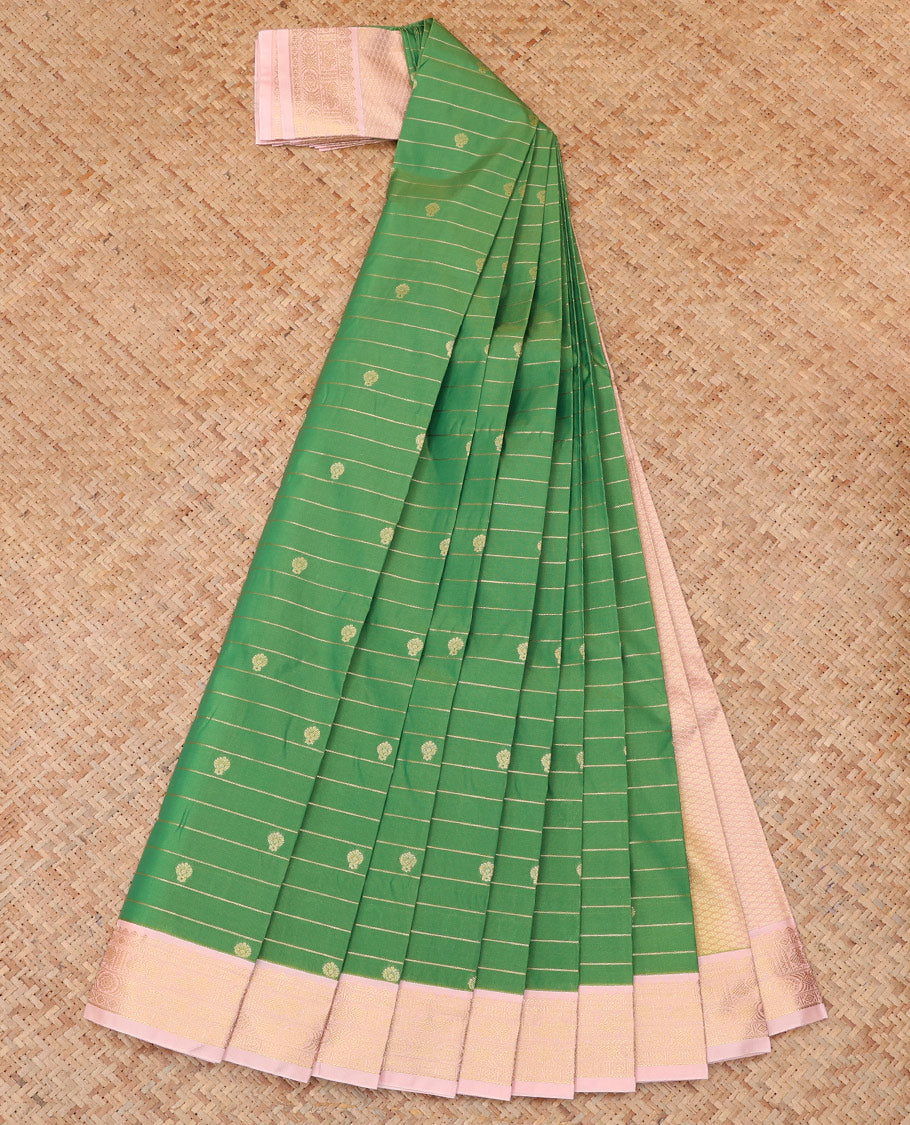 Green Budget Silk Saree, Mesmerized with Zari Buttas and Stripes, a Contrast Traditional Zari Border, Grand Pallu, and a Contrast Blouse