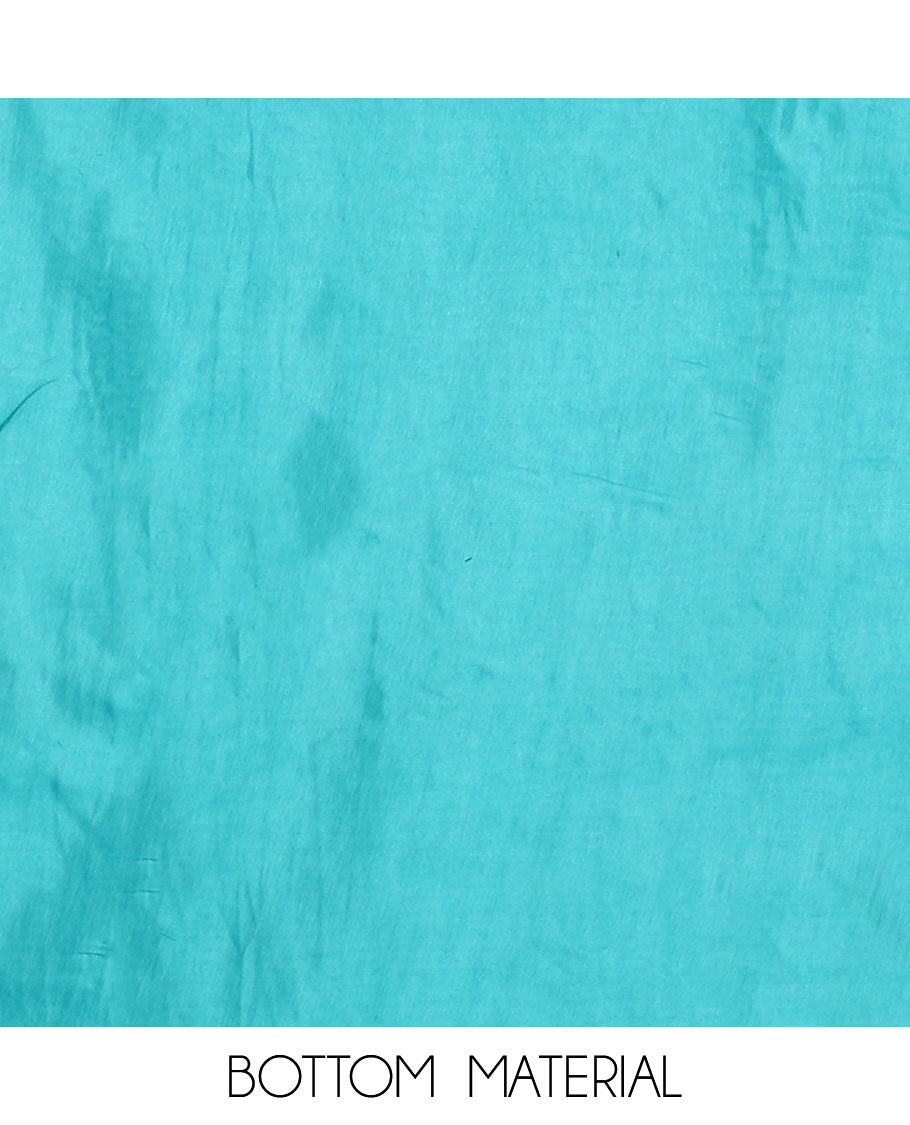 Blue material chudidar set, plain with patch embroidered work top, plain bottom, and floral printed dupatta