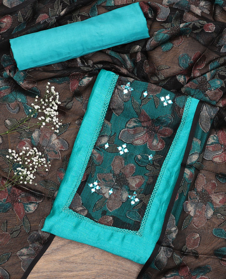 Blue material chudidar set, plain with patch embroidered work top, plain bottom, and floral printed dupatta