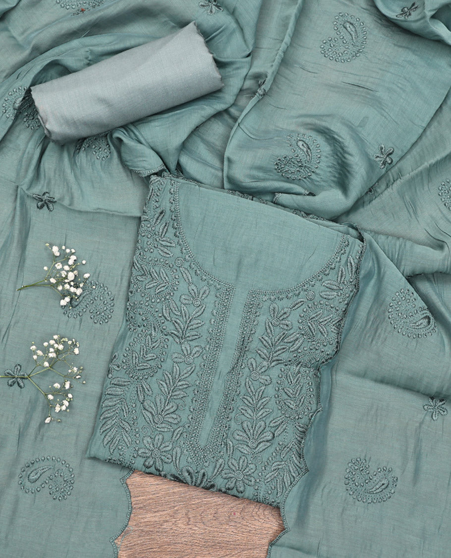 Pale Green Material Chudidar Set, Delicately Woven with Floral-Paisley Embroidered Muslin Top, a Plain Santoon Bottom, and Paired with Intricately Printed Muslin Dupatta