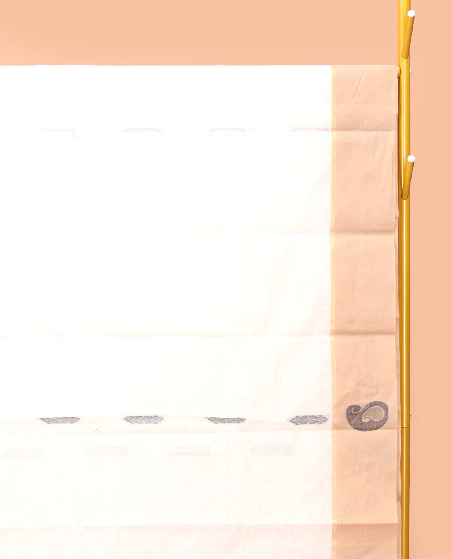 Cream Kanchi Cotton Saree, Bedecked with Buttas, Complemented by a Contrast Paisley-Temple Border, Intricate Pallu, and a Matching Blouse