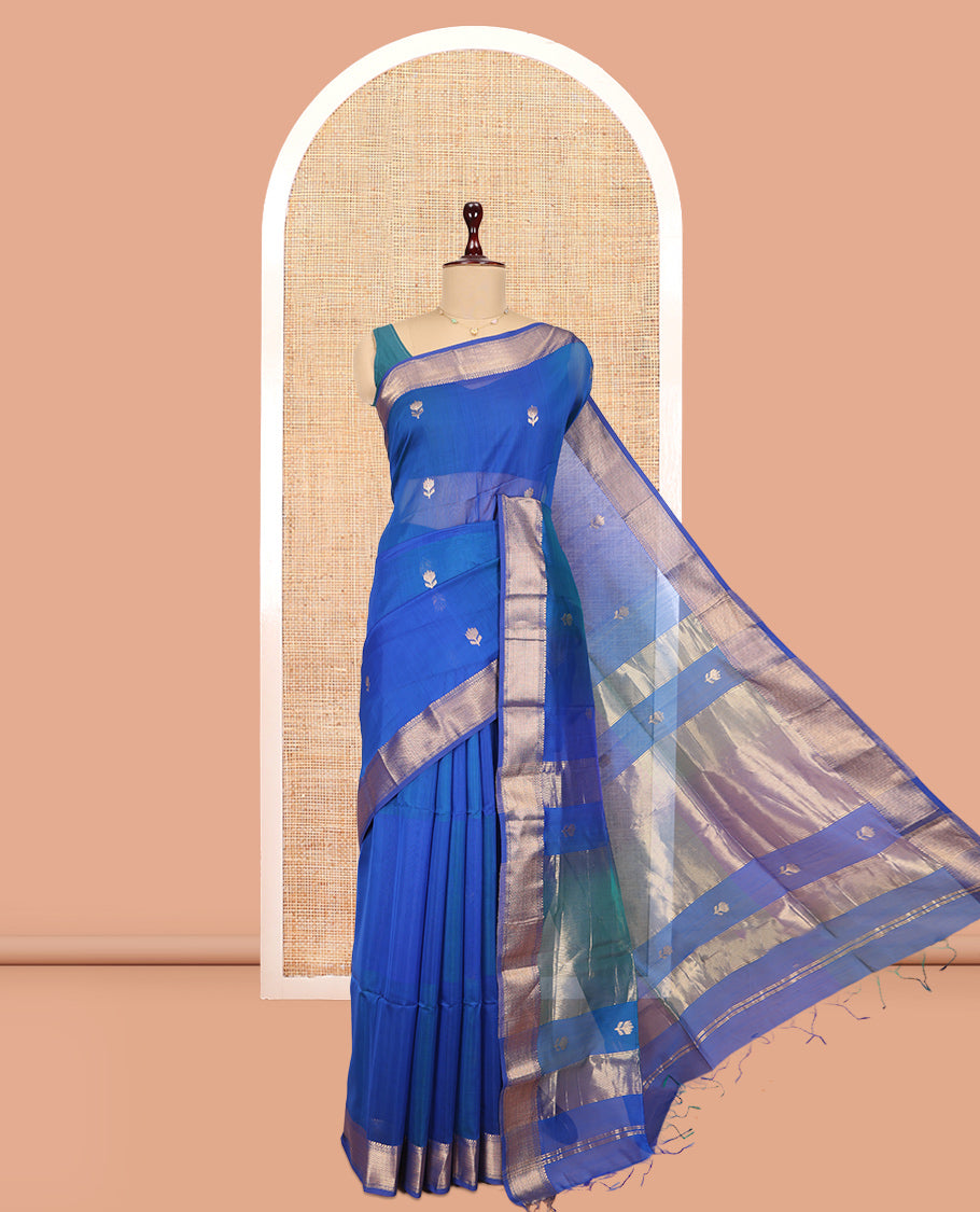 M.s Blue Maheshwari Cotton Saree, Detailed with Floral Zari Buttas, a Zari Chevron Striped Border, Zari Striped Pallu, and a Matching Blouse