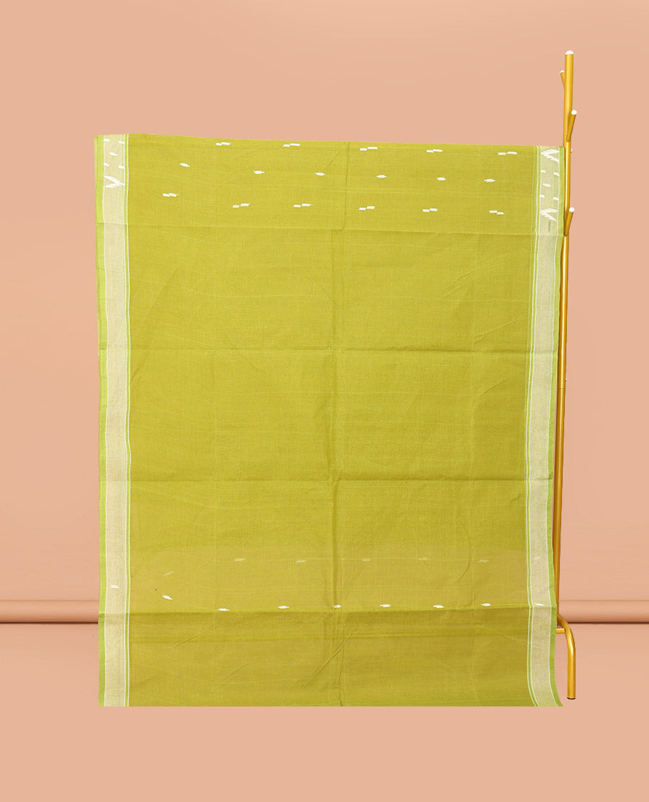 Leaf Green Bengal Cotton Saree Features Thread Buttas, a Subtle Border, a Pallu of Stripes and Buttas, and a Matching Blouse