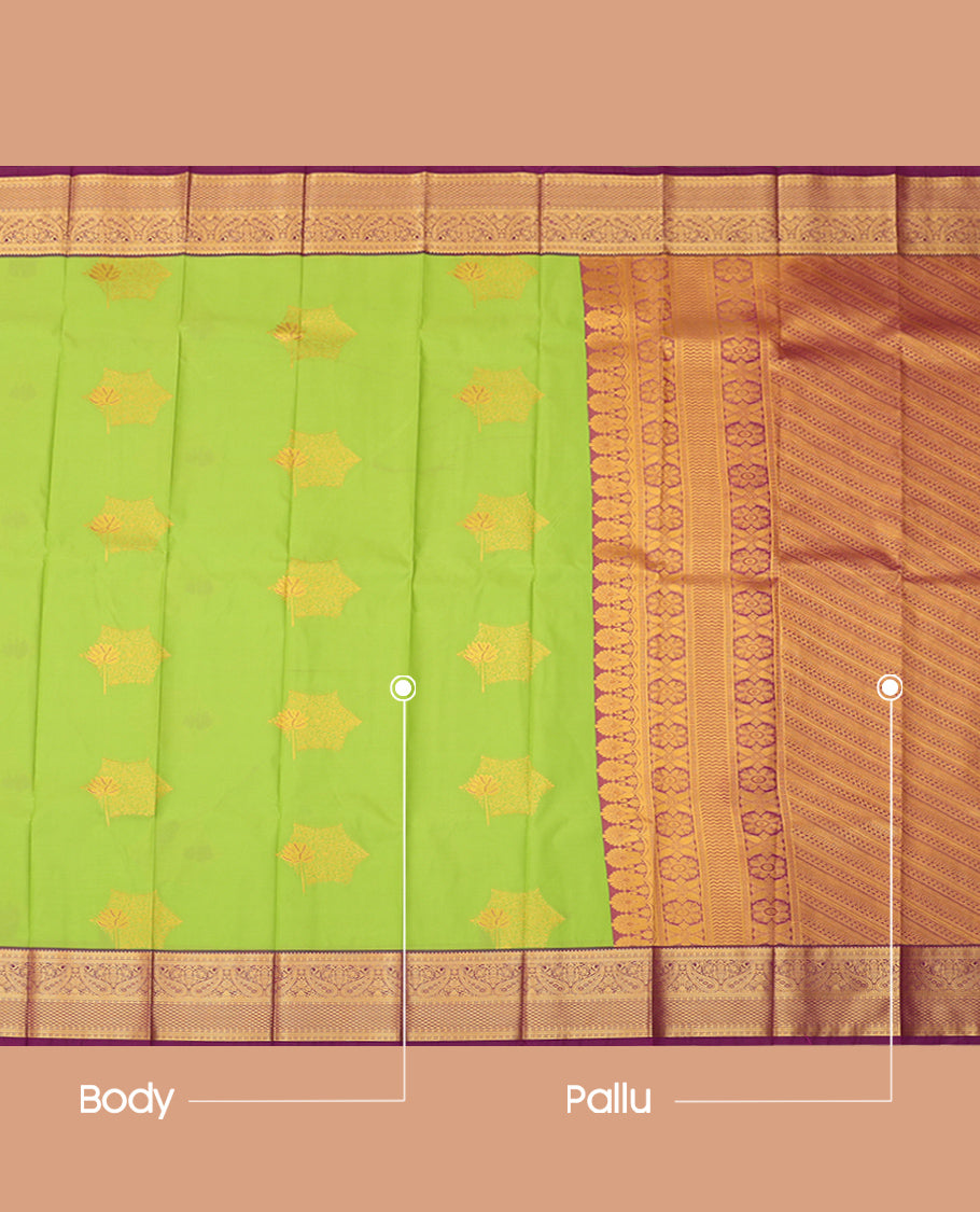 Leaf Green Budget Silk Saree, Bedecked with Zari Buttas, Complemented by Contrast Traditional Zari Border, a Grand Pallu and a Contrast Blouse