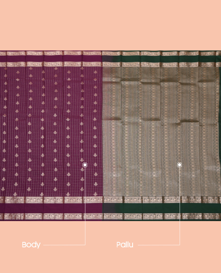 Purple Budget Silk Saree, Detailed with Zari Buttas and Checks, Highlighted by Traditional Zari Rettai Pettu Border, Contrast Grand Pallu, and a Contrast Blouse