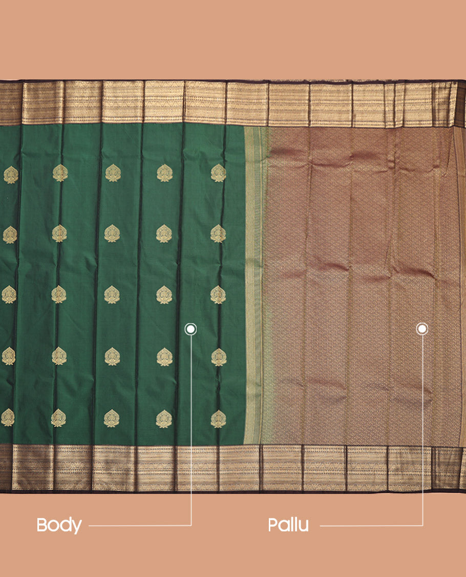 Green Budget Silk Saree, Accentuated with Zari Buttas, Complemented by a Contrast Traditional Zari Border, Jaal Pallu, and a Contrast Blouse