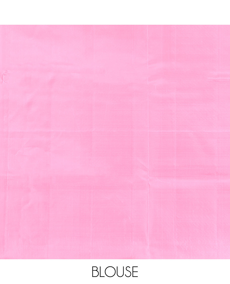 Borderless Pink Mayuri Lite Silk Mix Saree, Masterfully Woven with Zari Buttas All Over Its Body, Highlighted by Self-Pallu of Vanki Designs, and Paired with a Matching Blouse
